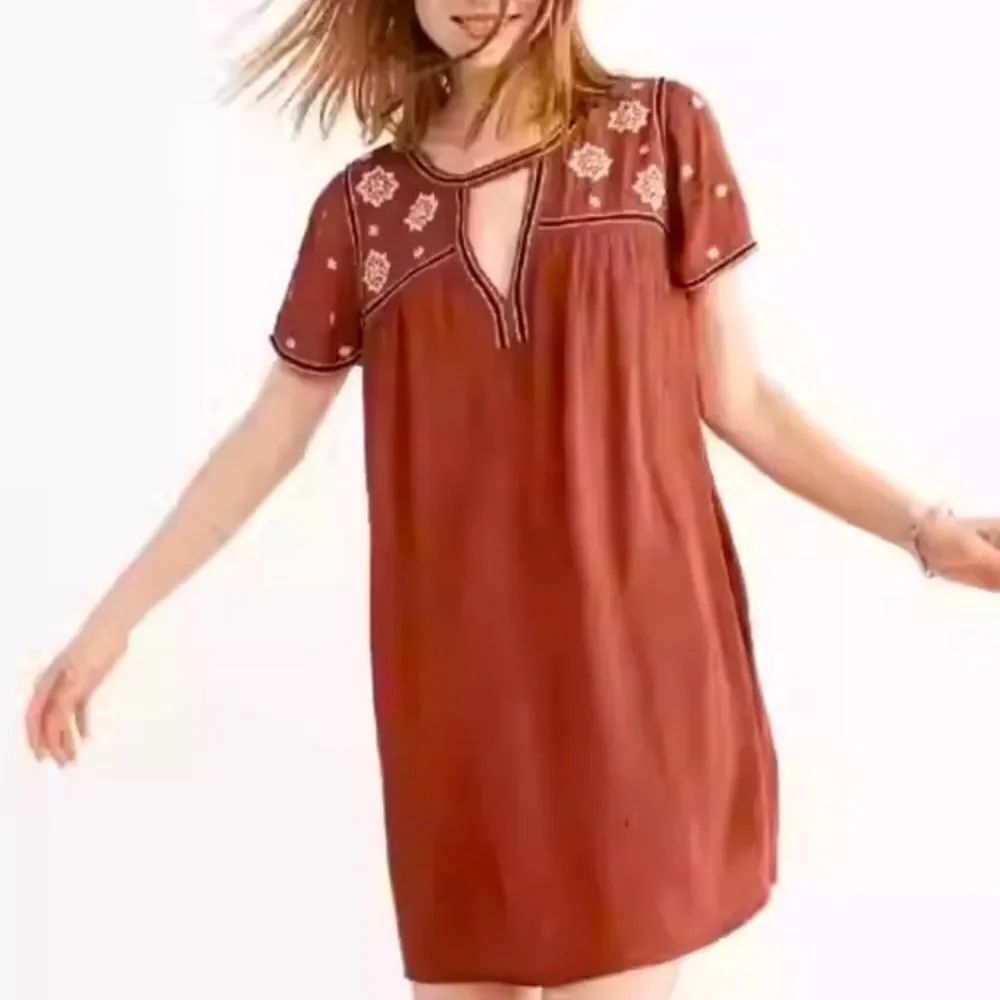 Abercrombie & Fitch Rust Orange-Red Embroidered Cutout Shift Dress